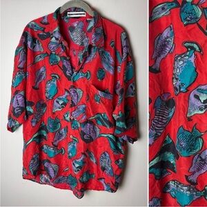 Fenn Wright & Manson Mens Silk Shirt Size Large Fish Colorful Short Sleeves